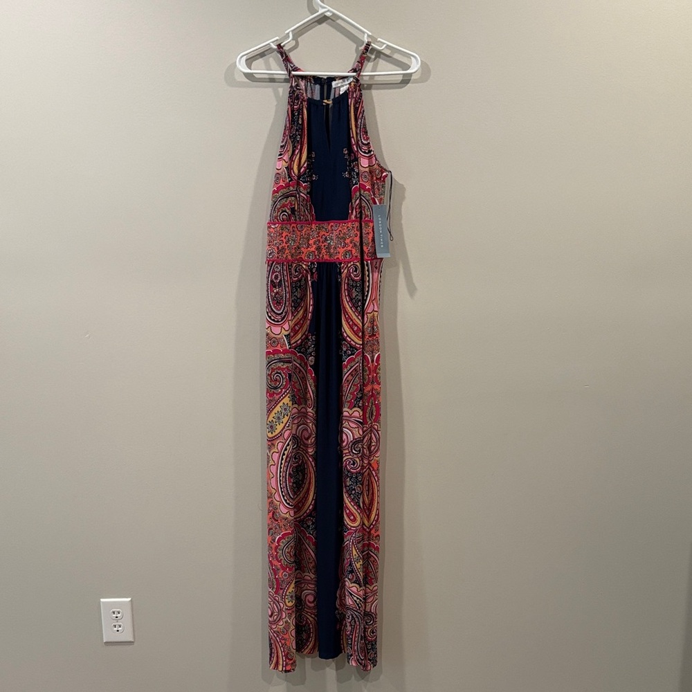 London Times Scroll Halter Maxi Dress with Pink and Blue